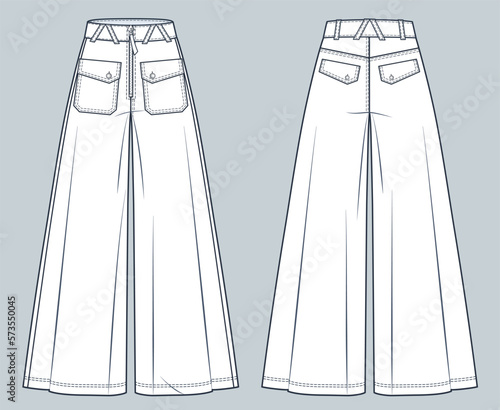 Baggy Jeans Pants technical fashion illustration. Wide Pants fashion flat technical drawing template, high waist, pockets, front and back view, white, women, men, unisex CAD mockup.