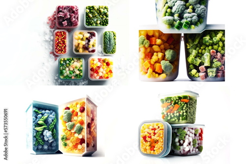 Frozen vegetables in plastic containers on a white  background. AI Neural Network Generated image, Generative AI