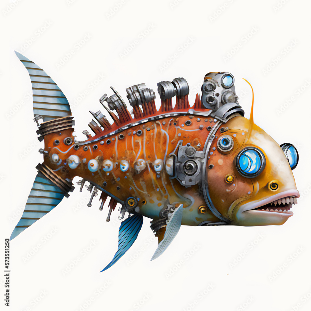 Illustration of a futuristic robotic fish with creative patterns