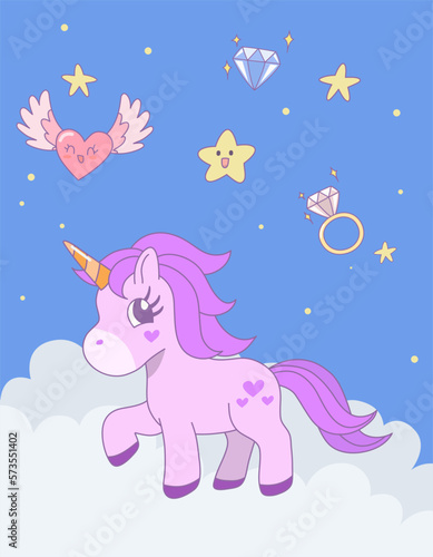 Cute unicorn standing on the cloud with star in the sky. Vector design illustration.