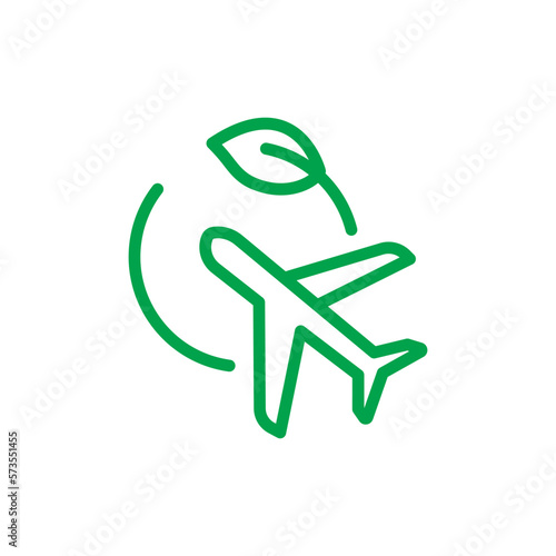 Electric plane line icon. Airplane in green circle with a leaf. Aircraft powered by electricity. Green aviation concept illustration.