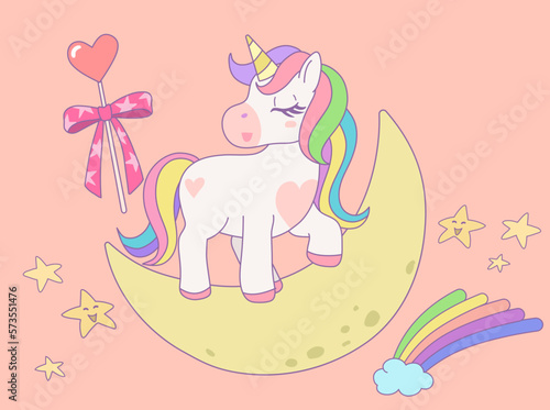 Cute rainbow unicorn standing with eyes closed on the moon in the sky. Vector design illustration.