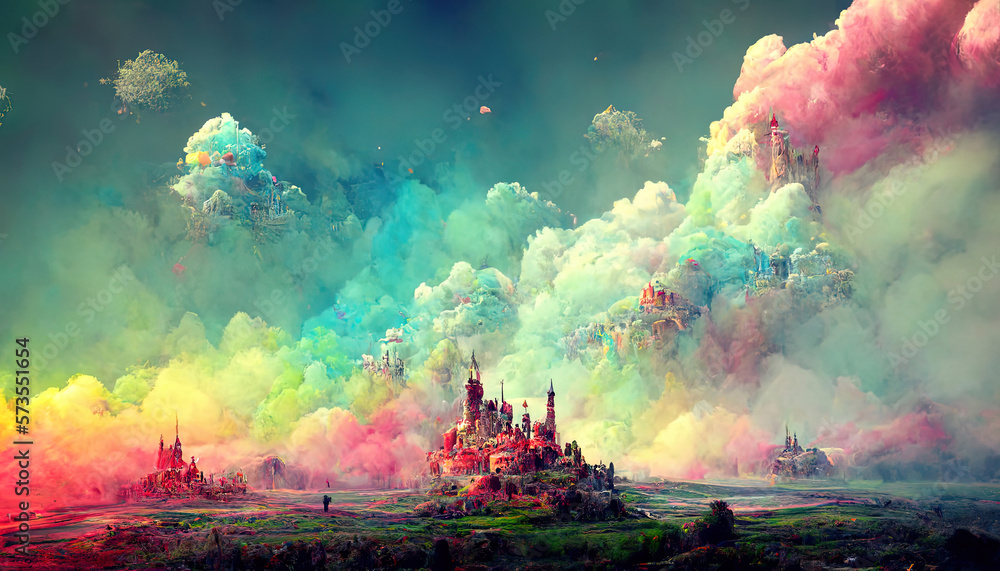 A fantasy world in alien landscape, surreal, ultra detailed, stunning, colorful, digital art, creative. Generative Ai