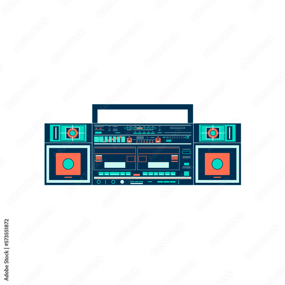 Obraz premium Vector image of a classic Boombox or Ghetto Blaster. Inspired by the JVC PC-W330 JW model in turquoise and orange