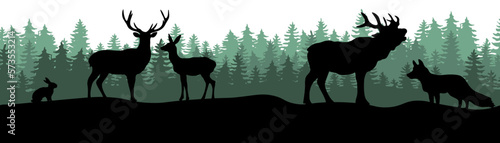 Black silhouette of wild animals and green forest fir trees  wildlife camping landscape panorama illustration icon vector for logo  isolated on white background
