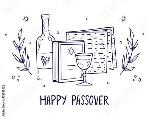 Passover greeting card, poster. Jewish holiday. Passover template for your design with matzah, wine bottle, glass, torah. Happy Passover inscription. Vector