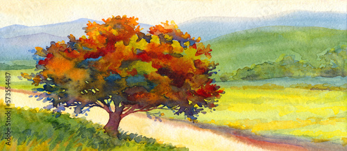 Watercolor scene. Tree on the hill