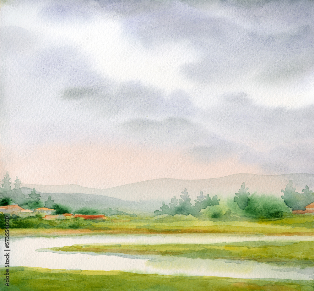 Watercolor landscape. Village by the river Watercolor landscape. Village by the river