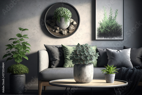 Creative composition of concrete living room with mock up poster frame, stylish gray sofa, green pillow, simple black coffee table, round vase with dried flowers, cup, plants in flowerpot.Home decor