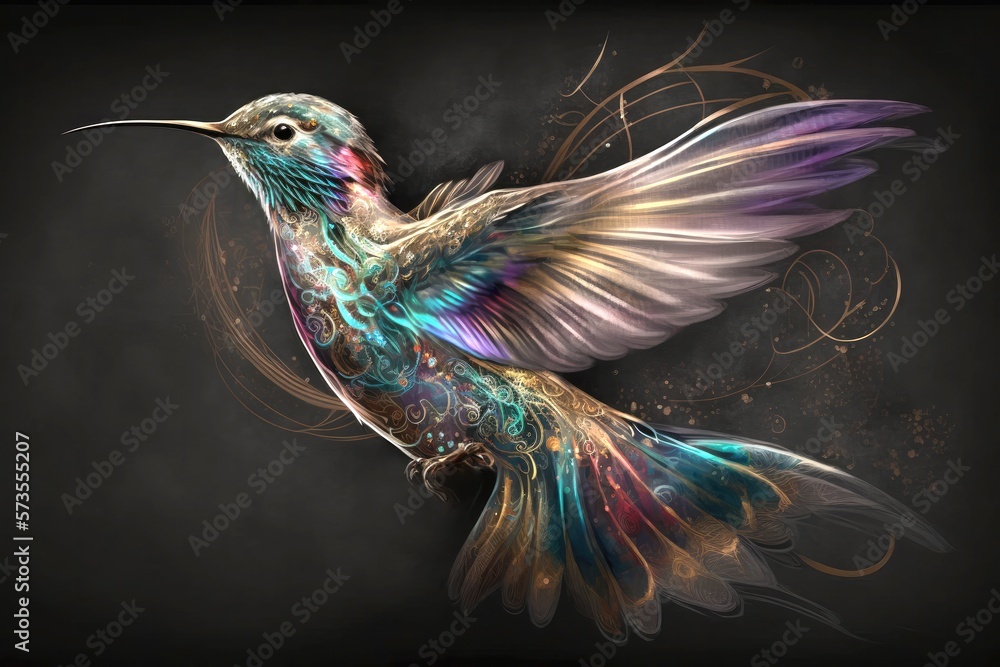 Fototapeta premium Hummingbird glowing light art bird sparkle background, glow bright fantasy magic beautiful neon shine design Generative AI