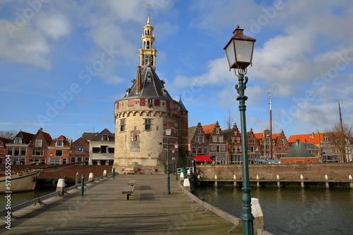 The harbor (Binnenhaven) of Hoorn, West Friesland, Netherlands, with the Hoofdtoren (The Head Tower)  photo