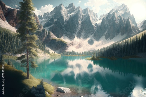Mountain lake nature landscape background, forest travel reflection scenery panorama view, Generative AI