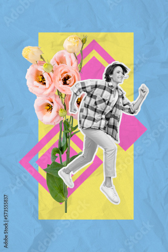Vertical collage photo banner of young funny woman running fresh pink natural flowers roses march holiday gift isolated on painted blue background