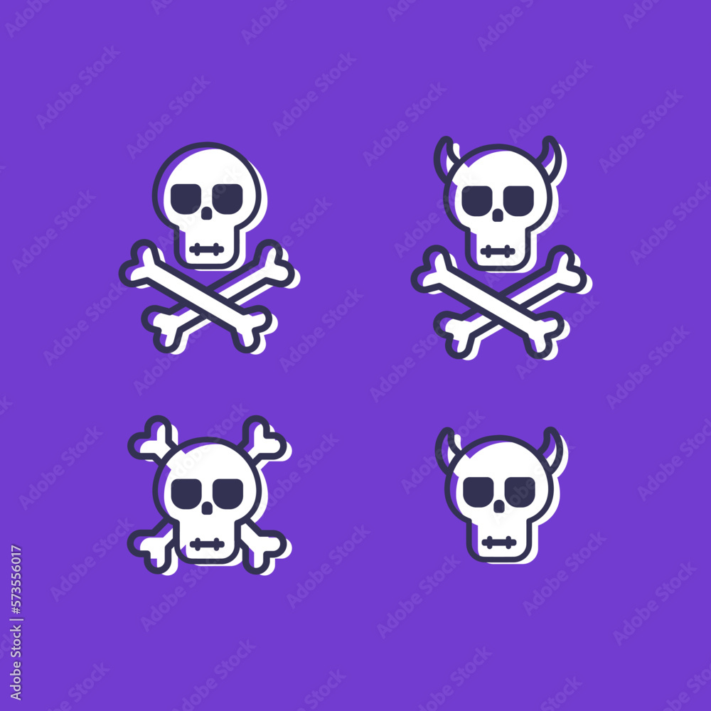 Vector icons of skulls with shadows. Different variations of skulls with horns and bones. Simple and cute skull icons.