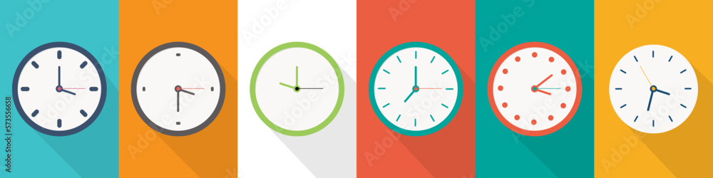 Set of different clock icons in a flat design. Watch icon collection - obrazy, fototapety, plakaty 