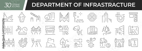 Infrastructure department linear icons set. Collection of 30 icons in black