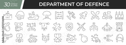 Defence department linear icons set. Collection of 30 icons in black photo