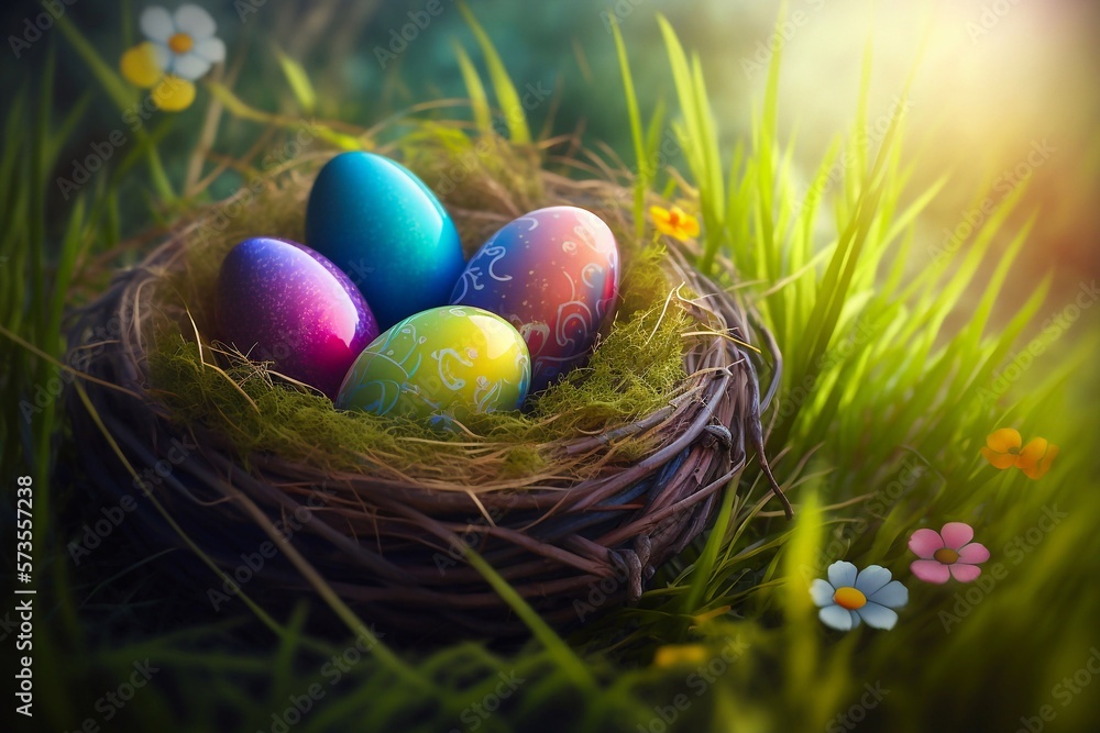 Easter eggs in a nest on the grass. Generative AI Easter eggs in a nest on the grass. Generative AI