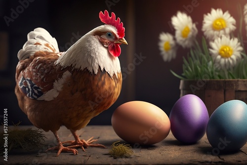 Chicken and easter eggs. Generative AI