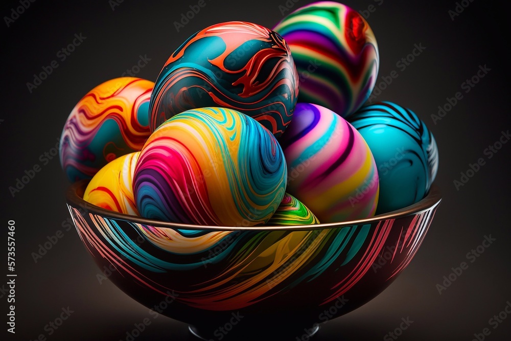 Close-up of Rainbow Eggs in a bowl with black background. Generative AI