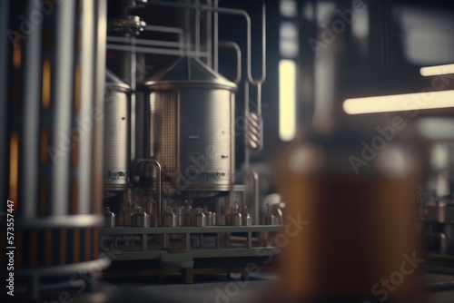 Modern beer plant with brewing kettles  tubes and tanks made of stainless steel. Generative AI
