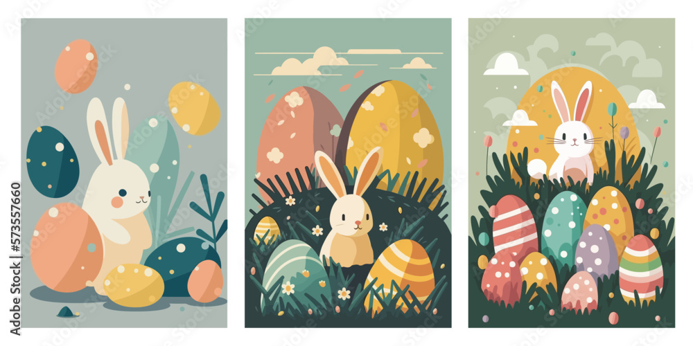 Easter greeting cards with cute bunnies. flat cartoon Vector illustration
