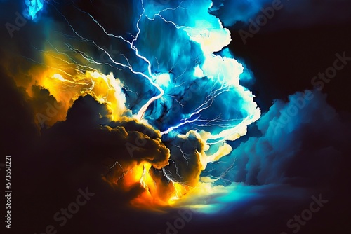 Digital composite of Lightning strikes in sky. Generative AI