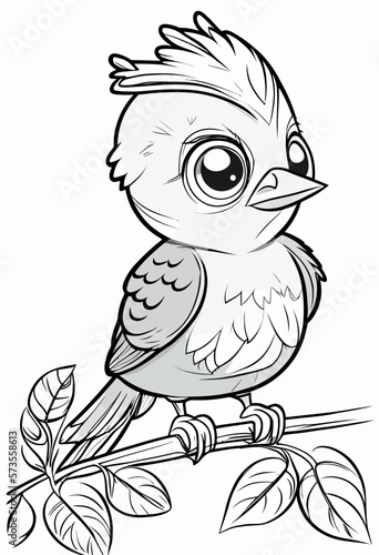 Cute bird. Coloring book page for children. Black and White Cartoon Illustration line art. 