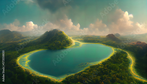 A conceptual image showing a lung-shaped lake in a lush and pristine jungle. Generative Ai