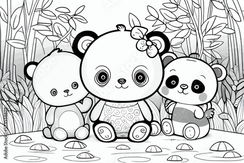 Cute pandas animal. Coloring book page for children. Black and White Cartoon Illustration line art. 