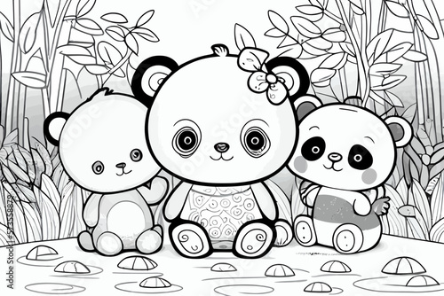 Cute pandas  animal. Coloring book page for children. Black and White Cartoon Illustration line art.  photo