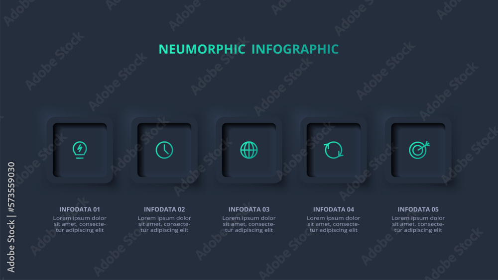 Neumorphic flowchart dark iinfographic. Creative concept for infographic with 5 steps, options, parts or processes. Neumorphic flowchart dark iinfographic. Creative concept for infographic with 5 steps, options, parts or processes.