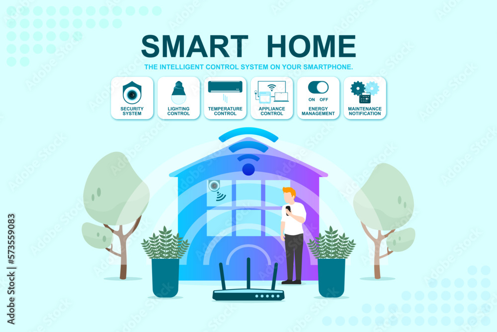 User of home intelligent system, Smart home application, Program on smartphone for security camera, Electric appliance control, Router Wi-Fi internet connected to modern house and building monitoring.