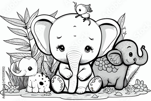 Cute elephant animal. Coloring book page for children. Black and White Cartoon Illustration line art. 