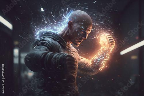 Strong man with lightning in his hand. Generative AI