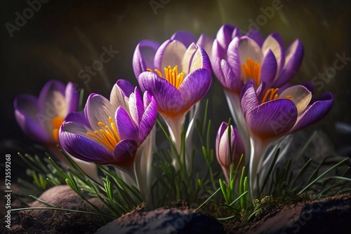Purple Crocus Flowers in Spring. Generative AI