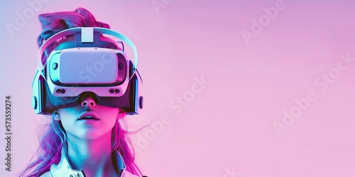 woman using digital device technology googles headset looking into the world of metaverse virtual reality photo