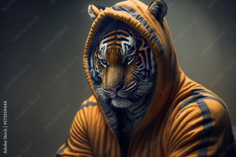 a tiger wearing a sportsuit at the gym, generative ai