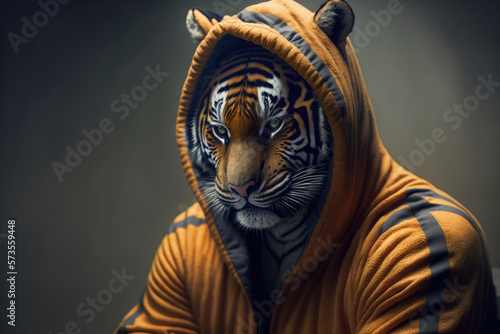 a tiger wearing a sportsuit at the gym, generative ai