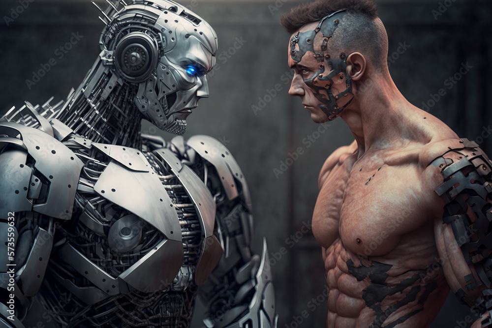 Generative AI of a male cyborg and a female cyborg