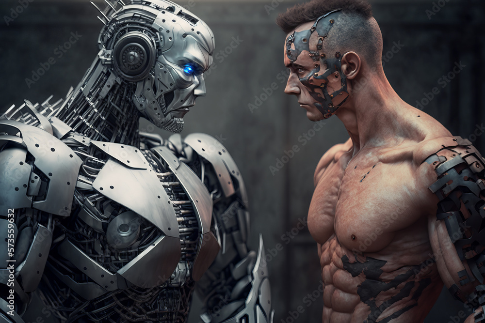 Generative AI of a male cyborg and a female cyborg Generative AI of a male cyborg and a female cyborg