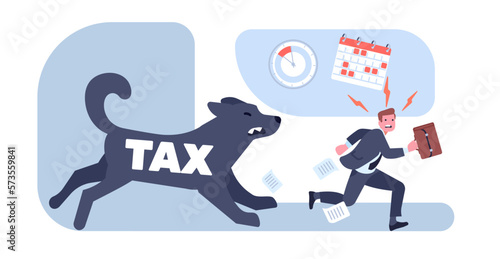 Businessman runs away from angry dog with taxes written on it. Terrified man escapes of financial payments. Bills paying deadline. Unpaid loans. Prosecution for debts. Vector concept