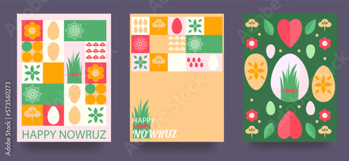 A set of postcards with the Novruz holiday. Novruz Bayram background template. Spring flowers, painted eggs and wheat germ. Geometric mosaic. Vector