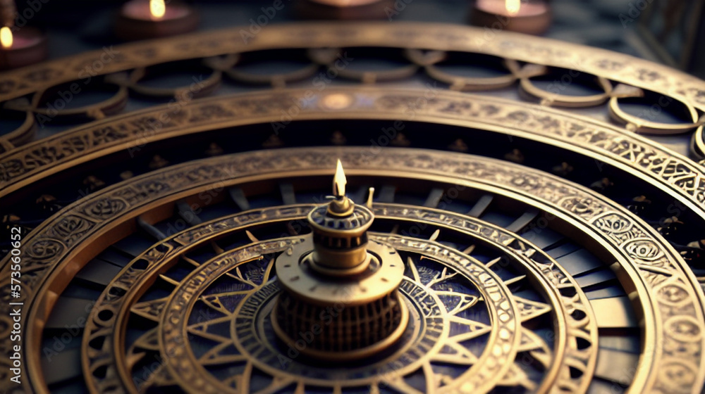 Obraz premium 魔法陣のような金色のメタリックの装飾のアップClose-up of golden metallic decoration like a magic circle