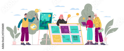 Crypto art. People creating NFT. Persons selling or buying digital icons. Future marketplace. Masterpieces trade. Cryptography auction store. Non-fungible token. Vector cryptoart concept