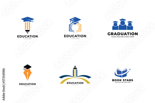 Education logo book, pencil, earth, toga, people vector template.