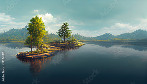 A tree-shaped lake in the midst of healthy and lush nature serving as a metapho. Generative Ai photo