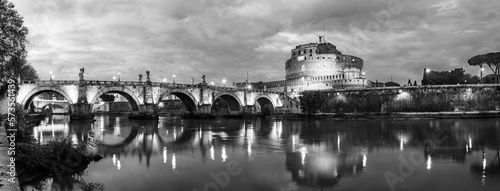 Rome, Italy: Night landscape of the Mausoleum of Hadrian, usually known as Castle Sant' Angelo (Castle of the Holy Angel, Saint Angel), a towering cylindrical building in Hadrian Park (Adriano).