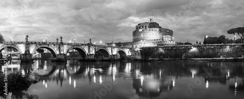 Photography Rome, Italy: Night landscape of the Mausoleum of Hadrian, usually known as Castle Sant' Angelo (Castle of the Holy Angel, Saint Angel), a towering cylindrical building in Hadrian Park (Adriano)