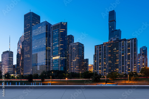 Skyscrapers Cityscape Downtown, Chicago Skyline Buildings. Beautiful Real Estate. Night time. Empty rooftop View. Success concept.